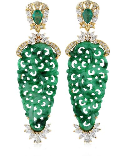 Artisan 18k Yellow Gold Flower Carving Jade Emerald Dangle Earrings Diamond Jewelry - Green