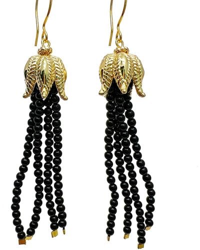 Farra Obsidian Beaded Tassel Earrings - Black