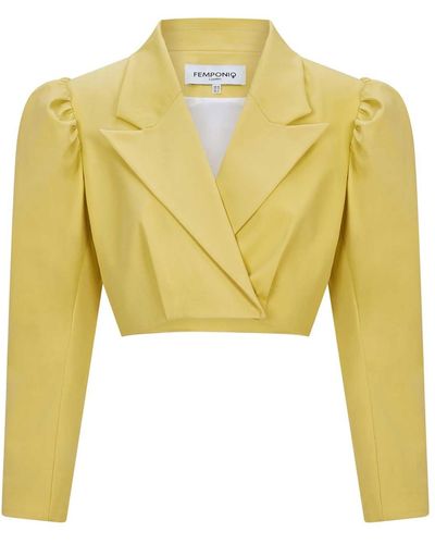 Femponiq Puff Shoulder Cropped Cotton Blazer - Yellow