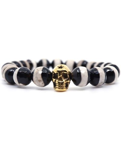 Shar Oke Black & White Tibetan Agate & Gold Skull Beaded Bracelet
