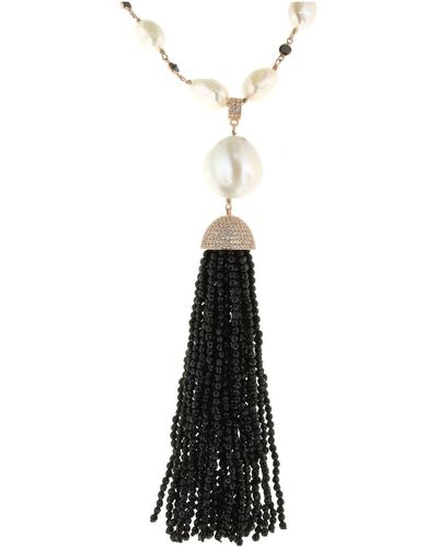 Cosanuova Sterling Silver Pearl & Onyx Tassel Necklace In Rose Gold - Black