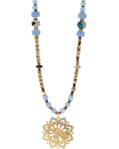 Ebru Jewelry Filigree Gold Lucky Elephant Pendant Hematite & Blue Beaded Necklace - Metallic