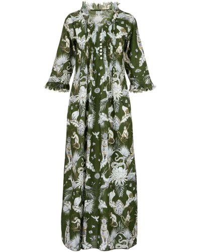 At Last Cotton Annabel Maxi Dress In Olive Tropical - Green