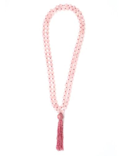 Shar Oke Rose Quartz, Pink Opal & Pink Tourmaline Tassel Wrap Beaded Necklace - White