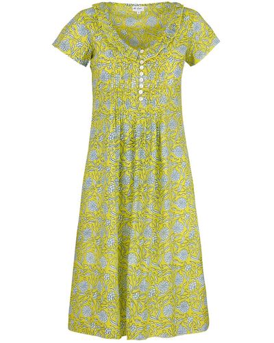 At Last Cotton Karen Short Sleeve Day Dress In Canary Yellow With White & Navy Flower - Green