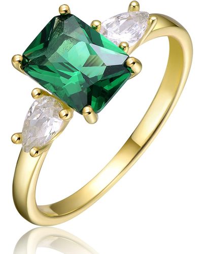 Genevive Jewelry Sterling Silver Yellow Plated Emerald & Cubic Zirconia Tri Stone Engagement Anniversary Ring - Green