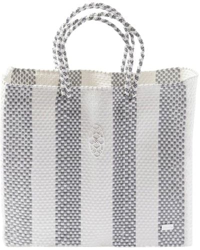 Lolas Bag Medium Silver Stripe Tote Bag Shoulder Strap - Grey
