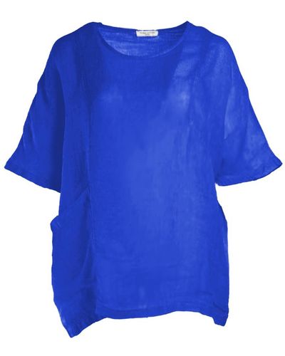 Haris Cotton Front Right Pocket Linen Gauze Curve Blouse - Lapis - Blue