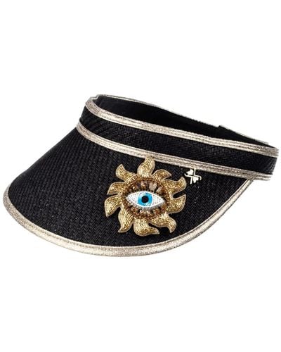 Laines London Straw Woven Visor With Embellished Mystic Eye Brooch - Black