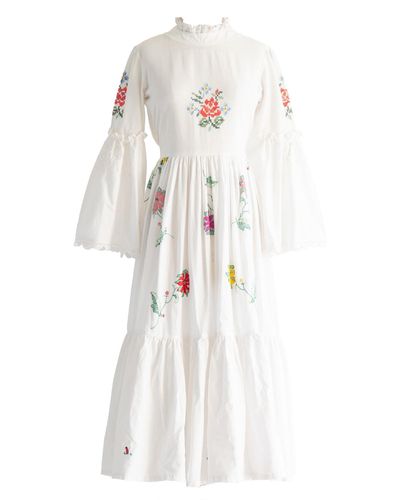 Sugar Cream Vintage Re-design Upcycled Boho Bliss Embroidered Maxi Dress - White