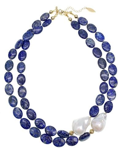 Farra Lapis With Baroque Pearl Double Strands Necklace - Blue