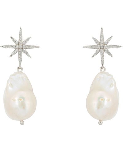 LÁTELITA London Baroque Pearl Star Burst Drop Earrings Silver - White