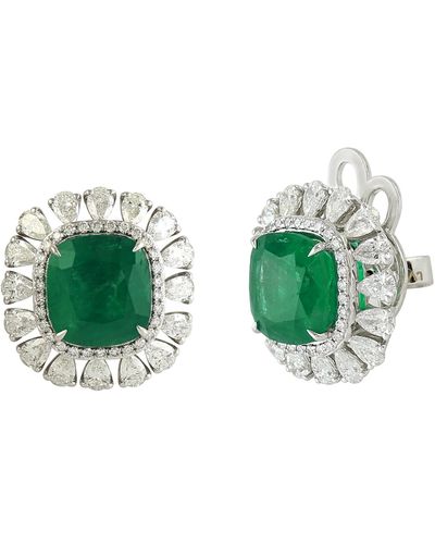 Artisan 18k Solid White Gold In Cushion Cut Emerald & Pear Diamond Stud Earrings - Green