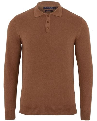 Paul James Knitwear S Cotton Hall Long Sleeve Knitted Polo Shirt - Brown