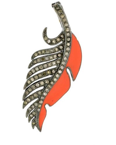 Artisan Feather Design Pendant Pave Diamond 18k Gold 925 Silver Enamel Jewellery - Red