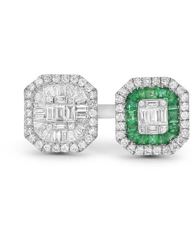 Artisan Natural Emerald 18k White Gold Diamond Between The Finger Ring - Green