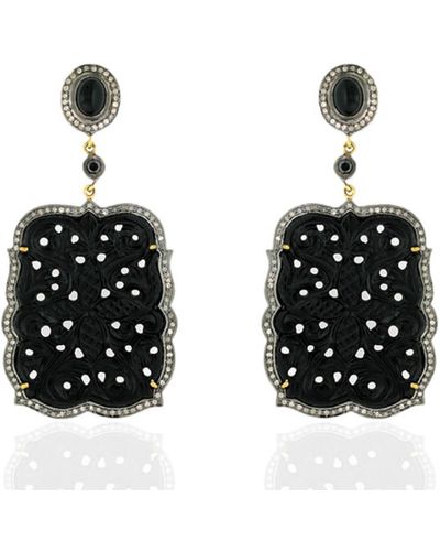 Artisan Carved Onyx Pave Diamond With 18k Gold In 925 Sterling Silver Dangle Earrings - Black