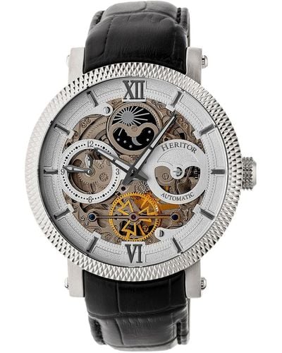 Heritor Aries Leather-band Skeleton Watch With Moon Phase - Metallic