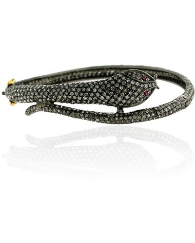 Artisan 14k Gold & 925 Silver In Pave Diamond With Ruby Craved Snake Bangle - Multicolor