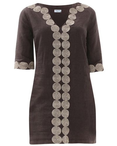 Haris Cotton Lace Insert Mini Linen Dress With V Neckline - Black
