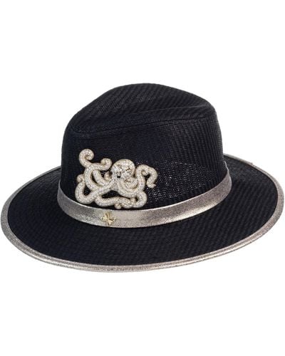 Laines London Straw Woven Hat With Pearl Beaded Octopus - Black