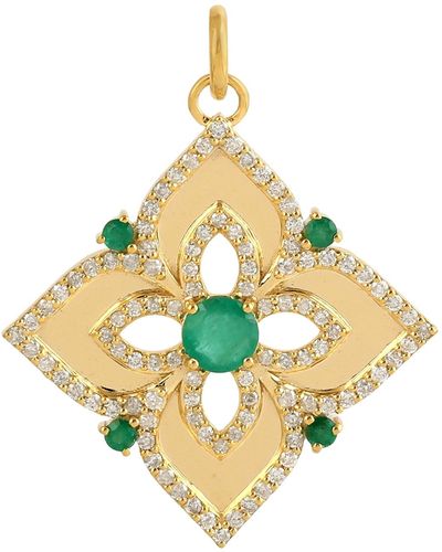 Artisan 14k Yellow Gold Natural Emerald Pave Diamond Designer - Metallic