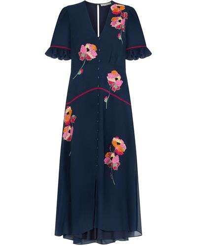 Hope & Ivy The Niamh Embroidered Frill Sleeve Button Front Midi Dress With Ladder Trim - Blue
