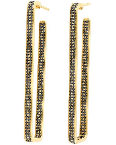 Artisan 14k Solid Yellow Gold In Micro Pave Black Diamond Long Designer Hoop Earrings - Metallic