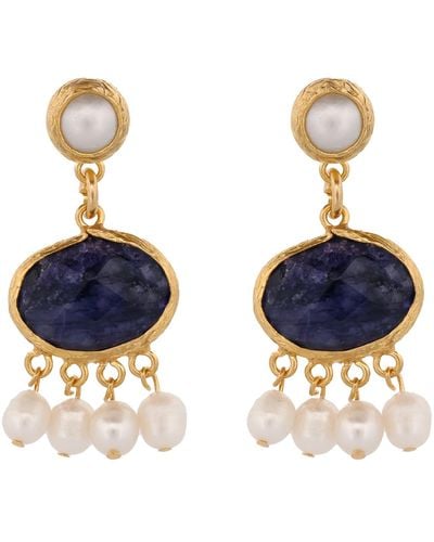 Ebru Jewelry Cleopatra Pearl & Sapphire Stone Tassel Earrings - Blue