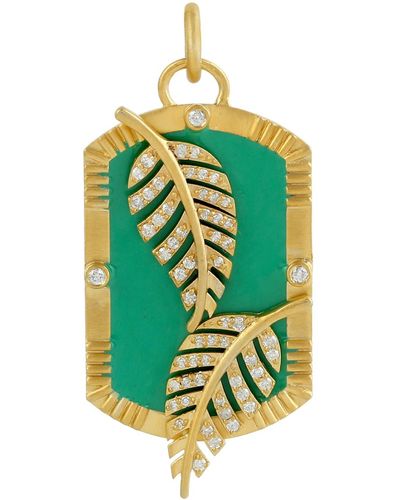 Artisan 14k Solid Yellow Gold & Natural Pave Diamond Leaf Design Dog Tag Enamel Pendant - Green