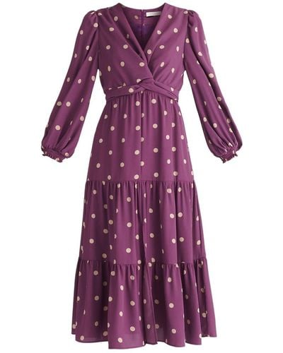 Paisie Tiered Hem Polka Dot Dress In Purple And Cream