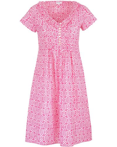At Last Cotton Karen Short Sleeve Day Dress In Bubblegum Pink & White