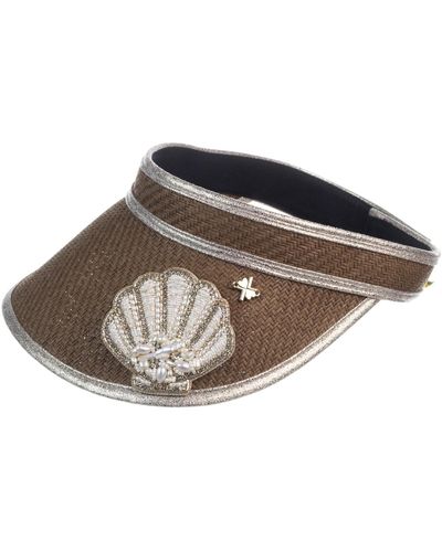 Laines London Straw Woven Visor With Beaded Shell Brooch - Brown