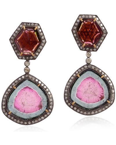 Artisan 18k Solid Gold With 925 Silver In Melon Tourmaline Pave Diamond Dangle Earrings - Pink
