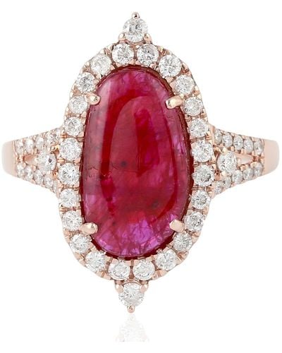 Artisan Rose Gold Pave Diamond Natural Ruby Cocktail Ring Handmade - Red
