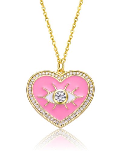 Genevive Jewelry Rachel Glauber Young Adults-teens Yellow Gold Plated With Clear Cubic Zirconia Pink Enamel Heart Evil Eye Pendant Necklace