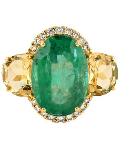 Artisan Handmade 18k Gold Citrine Emerald Diamond Three Cocktail Ring - Green