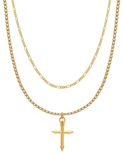 Northskull Medium Figaro & Cross Chain Necklace Set - Metallic