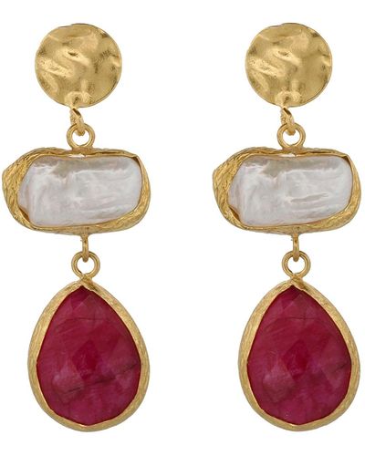 Ebru Jewelry Vintage Style Pearl & Ruby Gemstone Gold Earrings - Metallic