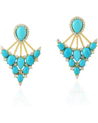 Artisan Genuine Turquoise Gemstone Ear Jacket Pave Diamond 18k Gold Earrings - Blue