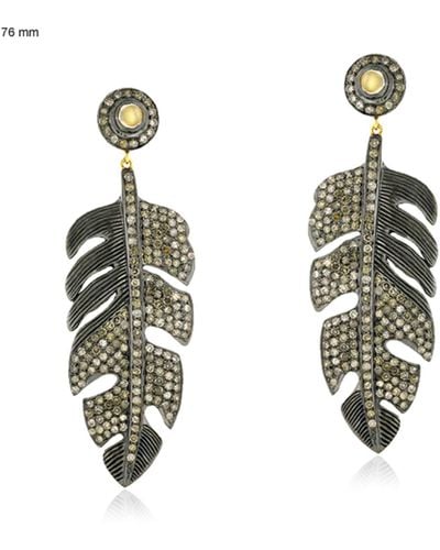 Artisan Natural Diamond & Moonstone With 18k Gold Silver Feather Design Dangle Earrings - Metallic