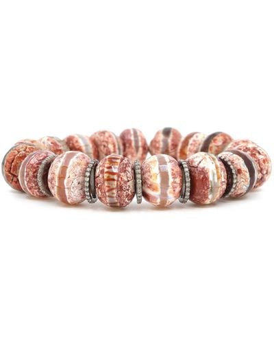 Shar Oke Rust Orange Tibetan Agates & Sterling Silver Diamonds Beaded Bracelet - Pink