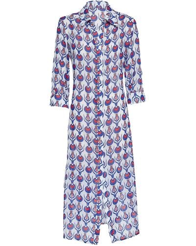 N'Onat Linda Long Shirt Dress With Tulip Design In White And Blue