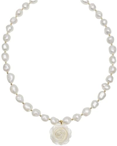 Farra Freshwater Pearls With Rose Pendant Choker Necklace - Metallic