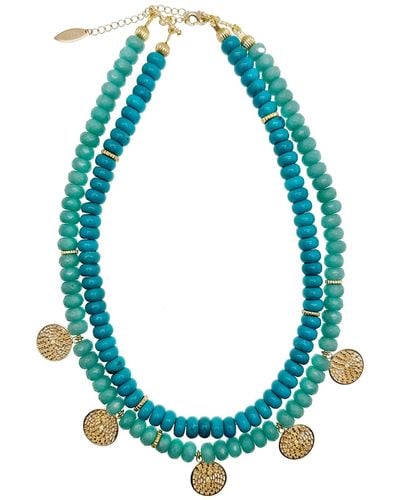 Farra Turquoise & Amazonite Double Strands Coin Charm Statement Necklace - Green