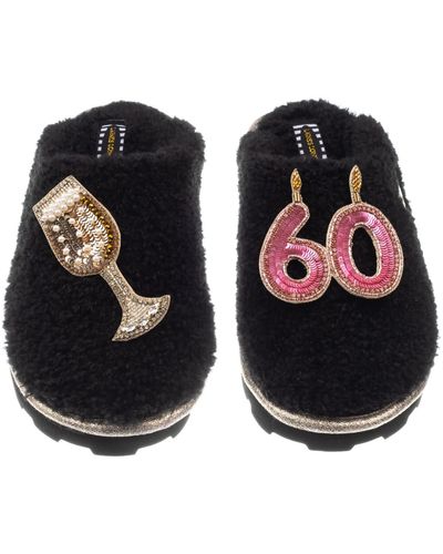 Laines London Teddy Closed Toe Slippers With 60th Birthday & Champagne Glass Brooches - Black