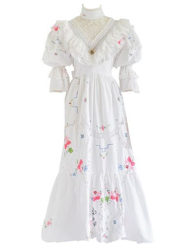 Sugar Cream Vintage Re-design Upcycled Rose Embroidered Maxi Dress - White