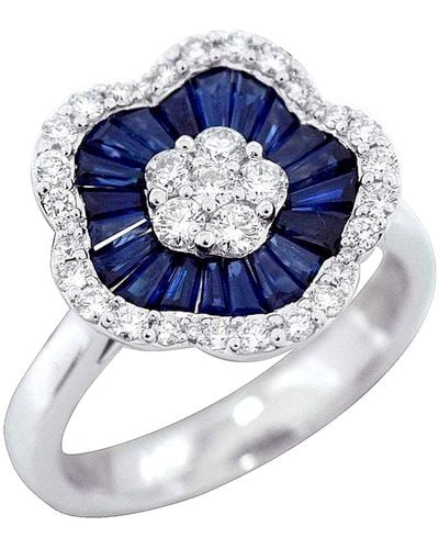 Artisan 18k White Gold With Baguette Blue Sapphire & Diamond Cluster Cocktail Ring