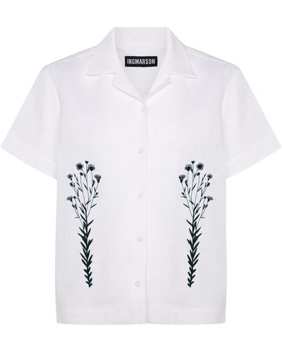 INGMARSON Flax Embroidered Irish Linen Cuban Shirt - White