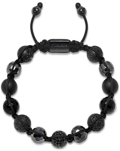 Nialaya Beaded Bracelet With Cz Diamond, Lava Stone, Matte Onyx, & Agate - Black